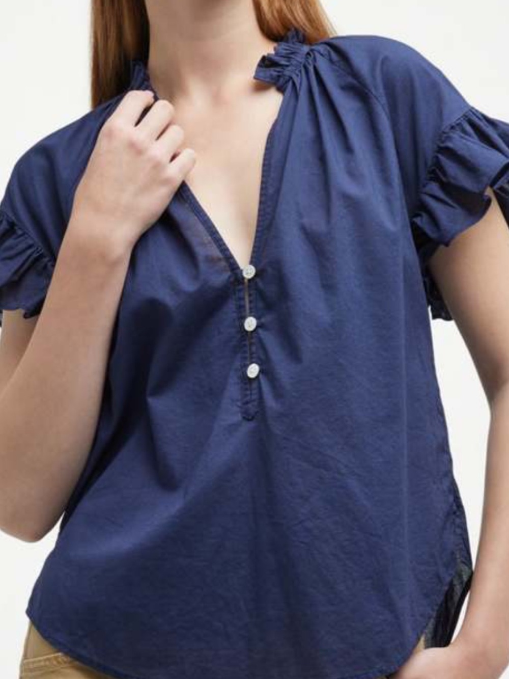Veronica Beard Women's Navy Ruffle Sleeve lightweight Cotton Top Size Large